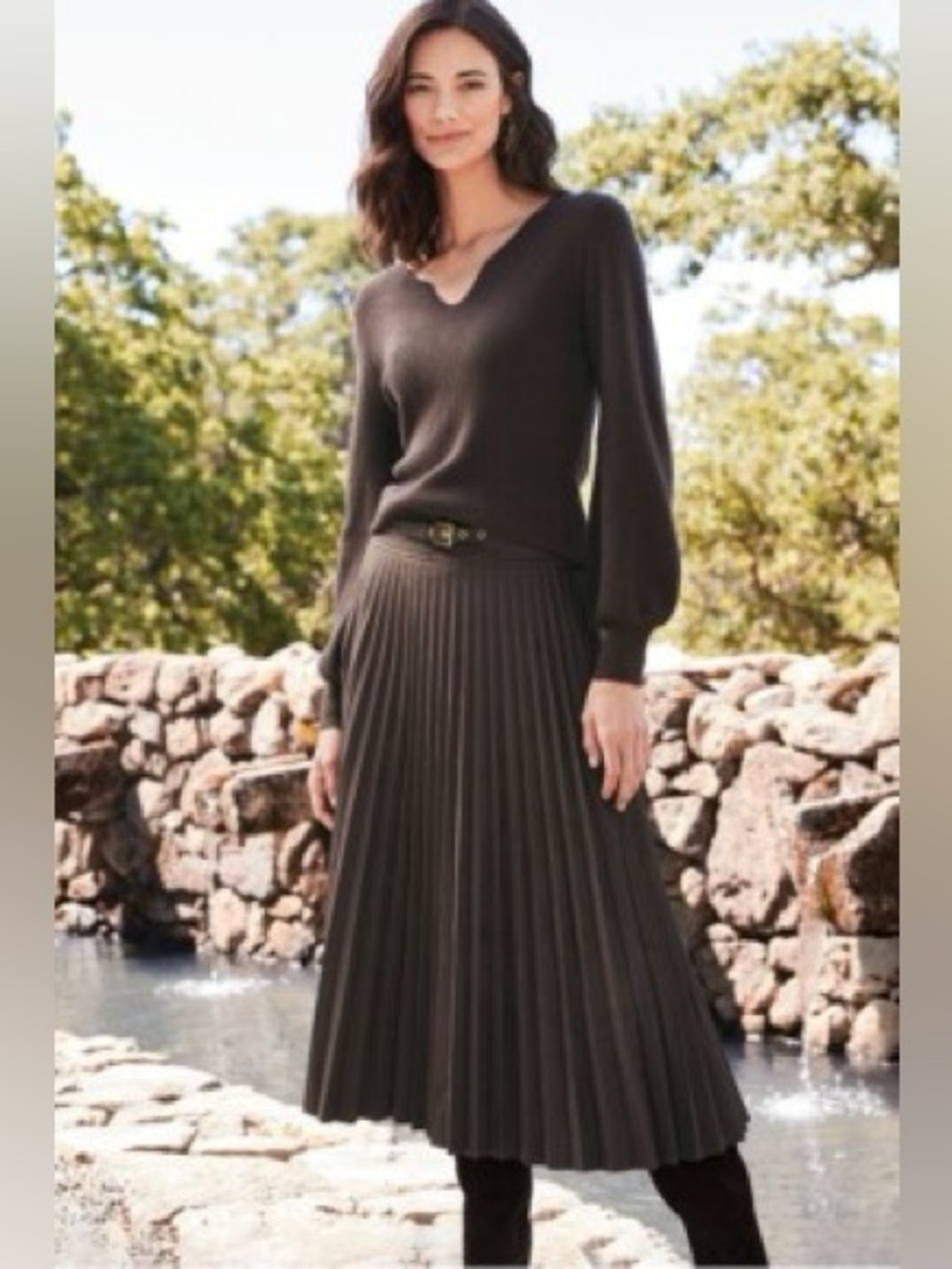 Laffaire Pleated Brown Faux Suede Midi Skirt with Belt, Size Small - Picture 3 of 12